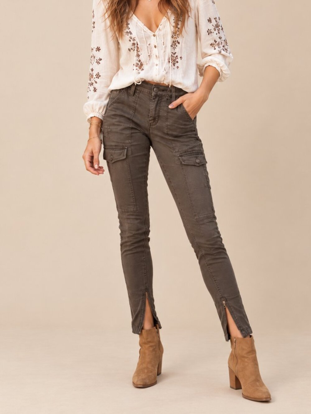 NEW Joie Women's So-Real Skinny Cargo Jeans 24 Military Brown Fatigue Ankle Zip